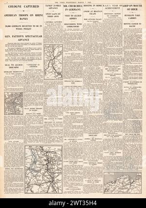 1945 berichtete die Times, dass die Alliierten Köln eroberten, die Rote Armee an der Ostsee, Unruhen in Rom und Elizabeth Jones verpönt Stockfoto