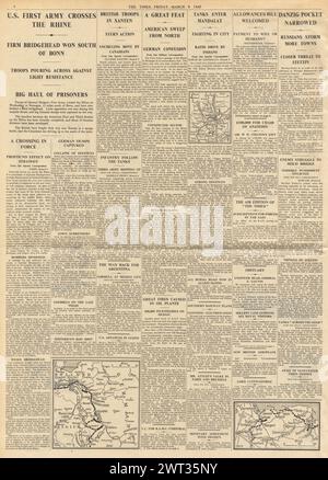 1945 die Times meldet, dass die Alliierten Köln erobern, die Rote Armee über die oder hinaus in Richtung Danzig vorrücken und US-Truppen auf Remagen vorstoßen Stockfoto