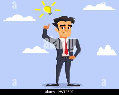 Geschäftsmann, der an eine Idee denkt oder einen Glühbirnenmoment hat. Geschäftsentscheidung oder Lösungskonzept Stock Vektor