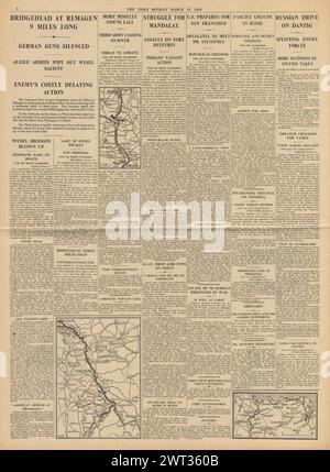 1945 berichtete die Times von Alliierten am Rhein, RAF Bomb Essen, deutschen Kriegsgefangenen Flucht in Wales, Rote Armee bei Danzig und Schlacht um Mandalay Stockfoto