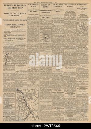 1945 berichtete die Times von Alliierten auf dem Rhein, von der Roten Armee auf Danzig, von deutschen Kriegsgefangenen in Wales und von Indianern auf Maymyo Stockfoto