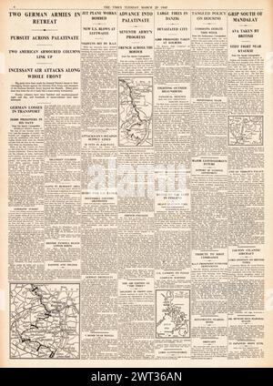 1945 berichtete die Times von Schlacht um Saar Salient, Schlacht um Mandalay und Rote Armee in Danzig und Kolberg Stockfoto