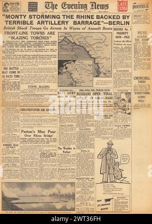 1945 die Titelseite der Evening News berichtet, dass die Alliierten den Rhein überqueren und die Rote Armee auf Berlin vormarschieren Stockfoto