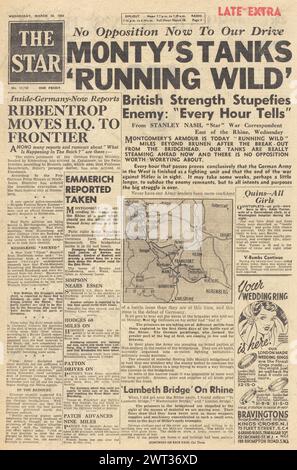 1945 die Star-Titelseite berichtet, dass britische Truppen nach Deutschland vorrücken und Alliierte Emmerich erobern Stockfoto