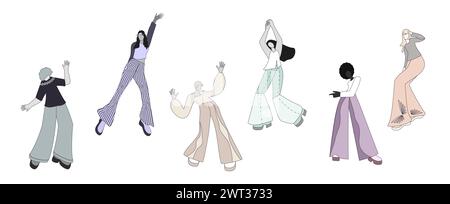 Disco dancing illustrations set. People in various dance poses. Design elements 70s style. Vector illustration. Isolated on a white background. Stock Vektor
