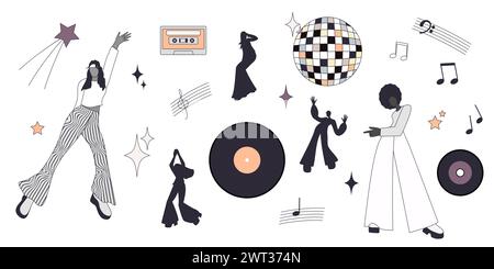 Disco Illustrationen Set. Silhouetten von Menschen in verschiedenen Tanzpositionen. Design-Elemente des 70er-Jahre-STYLE. Vektorabbildung. Isoliert auf weißem Hintergrund. Stock Vektor