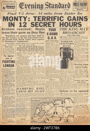 1945 Evening Standard-Titelseite berichtet, dass britische Truppen auf Osnabrück vorrücken, V2-Raketenangriffe und Marquess of Dufferin getötet wurden Stockfoto