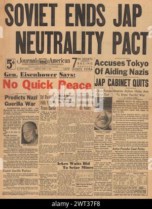 1945 Journal amerikanische Titelseite berichtet kein schneller Frieden Sagen Eisenhower, Russland beendet Neutralitätspakt mit Japan und der Roten Armee in Wien Stockfoto