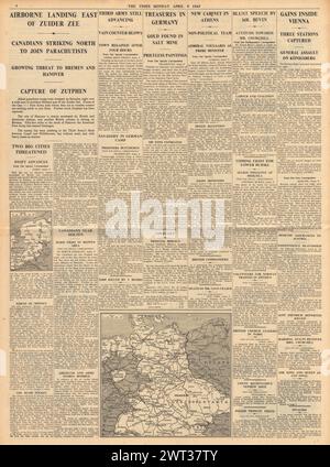 1945 berichtete die Times von Luftlandefahrten bei Zuider Zee, Alliierten rücken nach Bremen und Hannover vor und erobern Zutphen Stockfoto