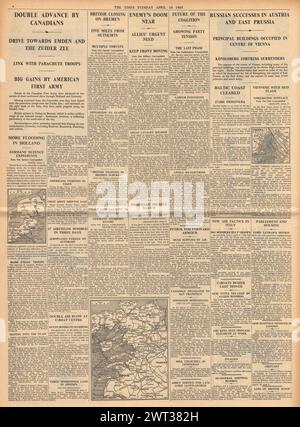 1945 berichtete die Times, dass Deutsche in Holland gefangen waren, Verbündete nach Hannover vormarschieren, um Wien kämpften und die Rote Armee Königsberg eroberten Stockfoto