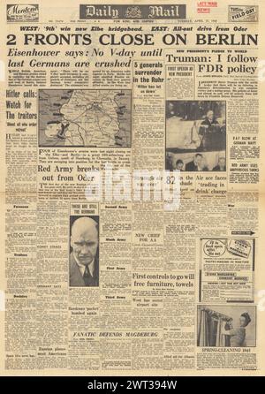 1945 Tagespost Front Seite Berichterstattung Kampf um Berlin Stockfoto