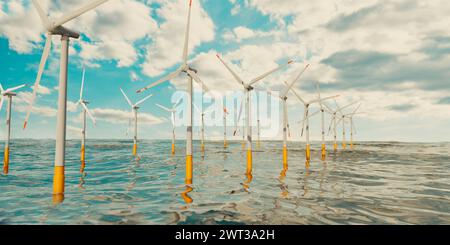 Offshore-Park mit Windturbinen. Offshore-Park mit Windturbinen. Stromerzeugung im Meer. Erneuerbare und nachhaltige Energien, Klimawandel, tec Stockfoto