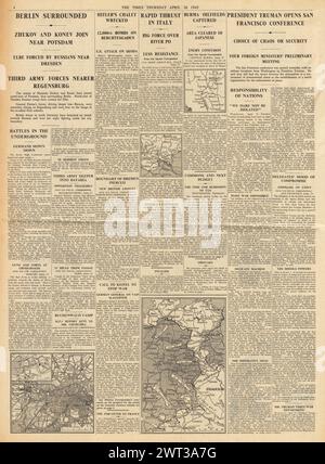 1945 meldet die Times Battle for Berlin, RAF Bomb Berchtesgaden, General Patton erreicht die Donau und Präsident Truman in San Francisco Stockfoto