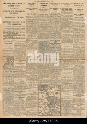 1945 berichtete die Times von Montgomery über die Luneberg-Heide, dass alle deutschen Truppen in Nordwestdeutschland und Dänemark und Holland und Alliierten in Rangun kapituliert wurden Stockfoto