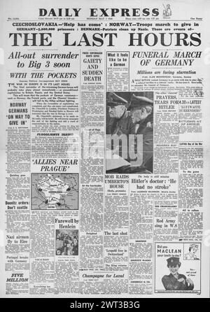 1945 Daily Express-Titelseite berichtet über die letzten Kriegsstunden in Europa Stockfoto