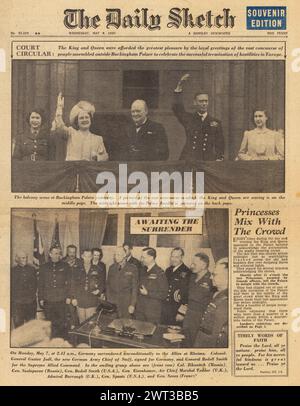 1945 die Titelseite der täglichen Skizze berichtet über die Feierlichkeiten zum VE Day Stockfoto