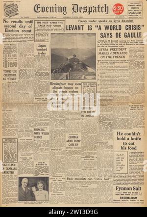1945 die Evening Dispatch-Titelseite berichtet über die Krise in Syrien Stockfoto