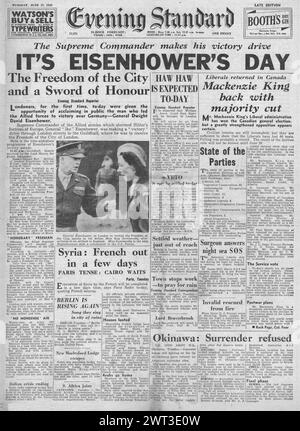 1945 Evening Standard Titelseite berichtet, dass Eisenhower in London begrüßt wird, die Schlacht von Okinawa und MacKenzie King die Wahl in Kanada gewinnt Stockfoto