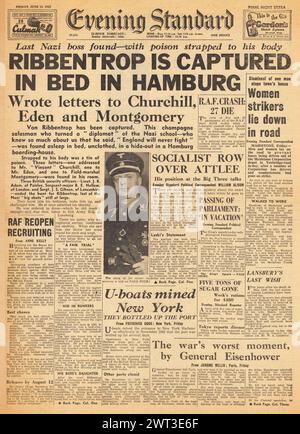 1945 Evening Standard-Titelseite berichtet von Ribbentrop Stockfoto