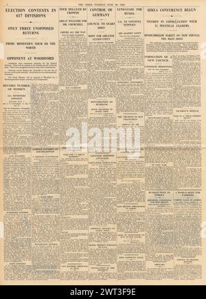 1945 berichtete die Times von Churchill Wahlkampf, Battle for Borneo und Simla Conference Stockfoto