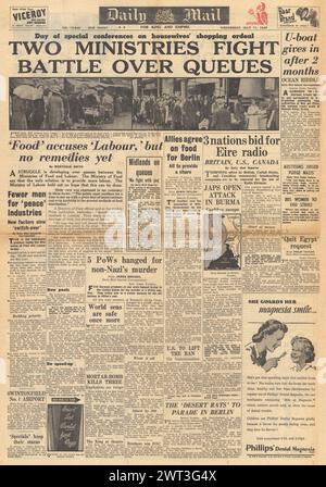 1945 Daily Mail Titelseite mit Lebensmittelknappheit Stockfoto