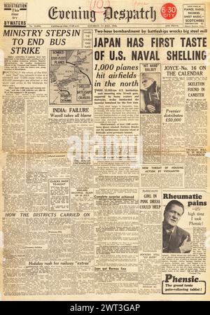 1945 Evening Dispatch Frontpage berichtete das Ministerium für die Beendigung des Busstreiks, die US Navy beschießt die japanische Festlandstadt Kamaishi und das Scheitern der Simla-Konferenz Stockfoto
