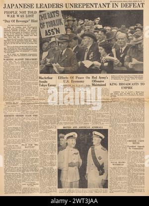 1945 die Titelseite des Sydney Morning Herald meldet, dass japanische Führer keine Reue behaupten Stockfoto