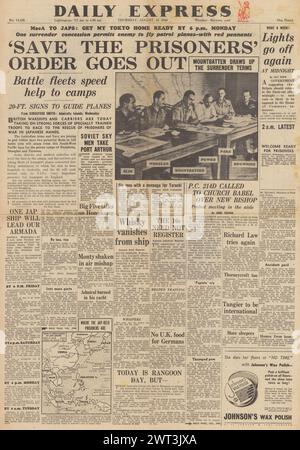 1945 Daily Express-Titelseite berichtet, dass die Alliierten Pläne zur Rettung von Kriegsgefangenen, SEAC-Chiefs und Mountbatten den Japanern und Montgomery bei Flugzeugunfällen ihre Kapitulation einreichen Stockfoto