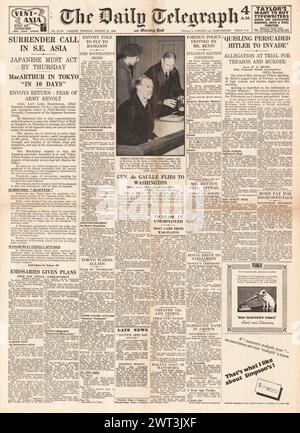 1945 die Titelseite des Daily Telegraph berichtet, dass die Alliierten Tokio besetzen, der Prozess gegen Vidkun Quisling und Lord Mountbatten die japanischen Truppen in Birma auffordern Stockfoto