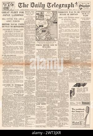 1945 die Titelseite des Daily Telegraph berichtet über die Besatzungspläne der Alliierten für Japan, den Prozess gegen Vidkun Quisling, die Beendigung des Pachtplans, die Wahlen in Bulgarien und die Royal Navy ziehen nach Hongkong Stockfoto