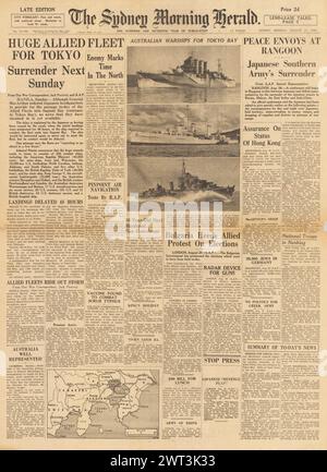 1945 die Titelseite des Sydney Morning Herald berichtet über die alliierte Flotte nach Tokio und Kapitulationsgespräche in Birma Stockfoto