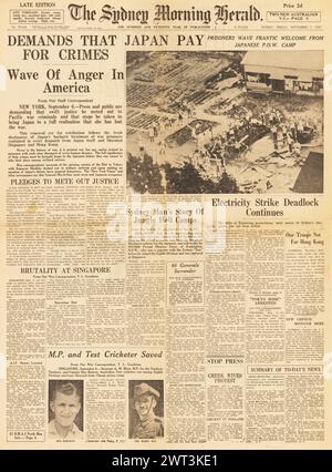 1945 die Titelseite des Sydney Morning Herald berichtet über japanische Kriegsverbrechen und Kriegsgefangenenlager Stockfoto