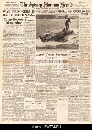 1945 Sydney Morning Herald Titelseite berichtet über schlechte Gesundheit alliierter Kriegsgefangener, Gräueltaten japanischer Truppen und britischer Truppen erobern Singapur Stockfoto