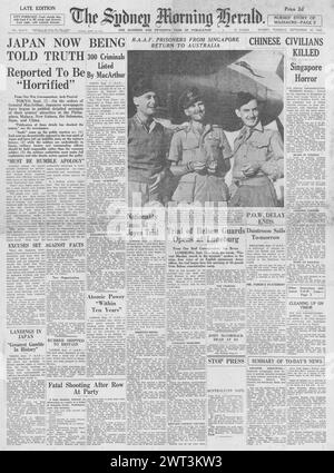 1945 die Titelseite des Sydney Morning Herald berichtet über japanische Gräueltaten und Belsen-Prozesse Stockfoto