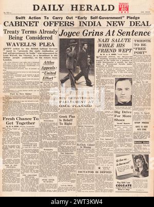 1945 berichtete Daily Herald, dass Indien einen neuen Deal anbot und William Joyce verurteilt wurde Stockfoto