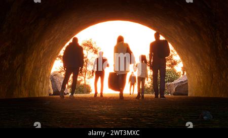 Flüchtlinge und Immigranten, die eine neue Hoffnung im Leben suchen. Silhouette. Kolonne von Migranten, die durch einen Tunnel fahren. Ihr Land verlassen Stockfoto