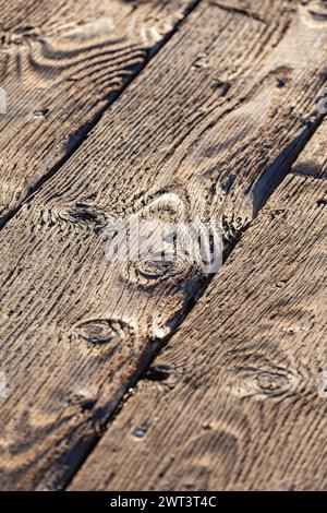 Abstraktes Bild von abgenutzten Holzdielen auf einem Steveston Boardwalk in British Columbia Kanada Stockfoto