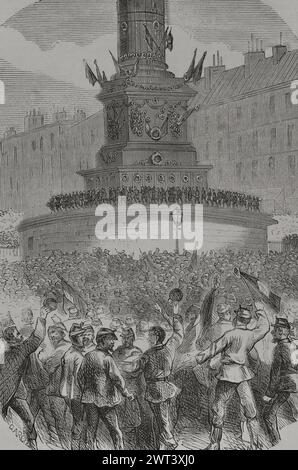 Frankreich. Kommune Paris. Revolutionäre Volksbewegung, die vom 18. März bis 28. Mai 1871 in Paris die Macht übernahm, während des Deutsch-Französischen Krieges. Unruhen am Place de la Bastille. Gravur. Historia de la Guerra de Francia y Prusia (Geschichte des Krieges zwischen Frankreich und Preußen). Band II Veröffentlicht in Barcelona, 1871. Stockfoto