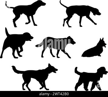 Schwarze Silhouetten von Hunden auf weißem Hintergrund. Stock Vektor