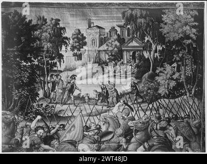 Vorsicht. Coxie, Michiel (der ältere) (Niederländisch (vor 1600) - Flandern, 1499-1592) (entworfen nach, ATR.) [Maler] Guebels, Francois (Niederländisch (vor 1600) - Flandern, ACT.1545-1577) (Werkstatt) [Weber] ca. 1560-1570 Gobelin Materialien/Techniken: Unbekannt Kultur: Flämisches Weberzentrum: Brüssel Besitzgeschichte: Österreich, Wien, Wien, Sammlung für Plastik und Kunstgewerbe. Inschriften: Inschriften zur Identifikation von Figuren im zentralen Feld [einige sind]: THAMAR (Tamar) Inschriften: Inschriften zur Identifikation von Grenzfiguren: IN PRVDENTIA (Imprudence), AGNOMI (Unehronor ?) Details, m Stockfoto