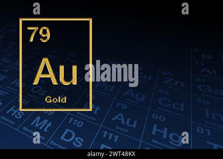 Goldenes Symbol für chemische Elemente mit Reliefform über dem Periodensystem im Hintergrund. Edles und edles Metall mit chemischem Symbol Au. Stockfoto