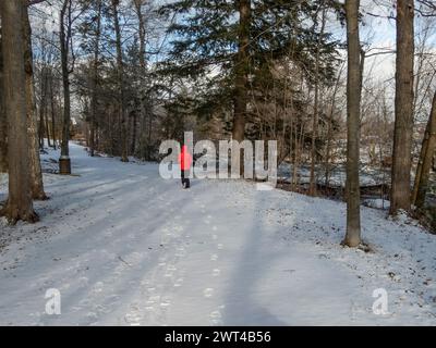 Frau, die im Winter am West River, Riviere del’Ouest, Brownsburg-Chatham, Quebec, Kanada, läuft, Stockfoto