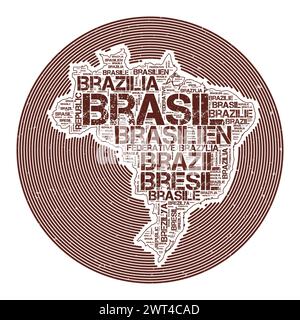 Vektorbild Brasilien. Country Round-Logo-Design. Brasilianisches Poster in Kreisbögen und Wordcloud-Stil. Elegante Vektorillustration. Stock Vektor