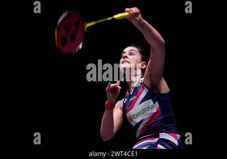 Die Spanierin Carolina Marin kämpfte gegen die Chinesin Chen Yu Fei während ihres Viertelfinales der Frauen-Singles am vierten Tag der YONEX All England Open Badminton Championships in der Utilita Arena Birmingham. Bilddatum: Freitag, 15. März 2024. Stockfoto