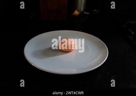 Ein einzelner Makaron auf einer weißen Platte bei schwachem Licht Stockfoto