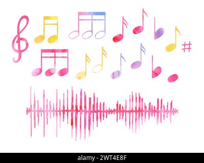 Aquarellnotizen und Equalizer Wave im Skizzenstil. Bunte Musikelemente, Schallwellen. Audio-, Signal-, Sprachaufzeichnung. Stockfoto