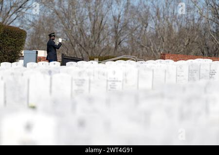 Ein ergreifender Moment entfaltet sich, während ein Soldat einen gefallenen Veteranen mit einem feierlichen Gruß ehrt und seine Internierung auf einem nationalen Militärfriedhof markiert. Stockfoto