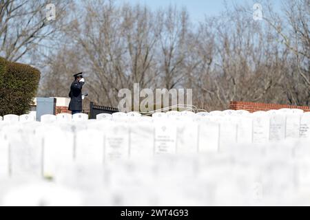 Ein ergreifender Moment entfaltet sich, während ein Soldat einen gefallenen Veteranen mit einem feierlichen Gruß ehrt und seine Internierung auf einem nationalen Militärfriedhof markiert. Stockfoto