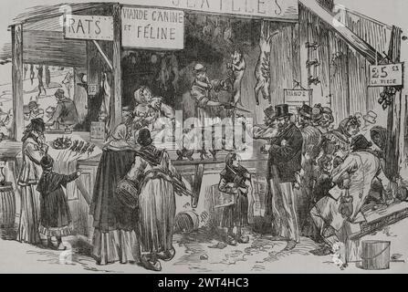 Deutsch-Französischer Krieg (1870–1871). Belagerung von Paris (19. September 1870 bis 28. Januar 1871). Verkaufsstand für Hunde-, Katzen- und Rattenfleisch in der Faubourg Saint-Germain während der Belagerung der Stadt. Gravur. Historia de la Guerra de Francia y Prusia (Geschichte des Krieges zwischen Frankreich und Preußen). Band II Veröffentlicht in Barcelona, 1871. Stockfoto