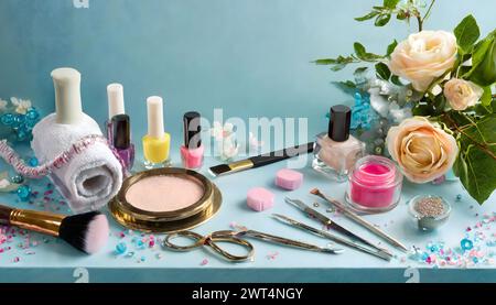 Dekoratives Set aus Kosmetik-, Make-up- und Maniküre-Produkten auf einer Blaulichttablette mit Kopierraum Stockfoto